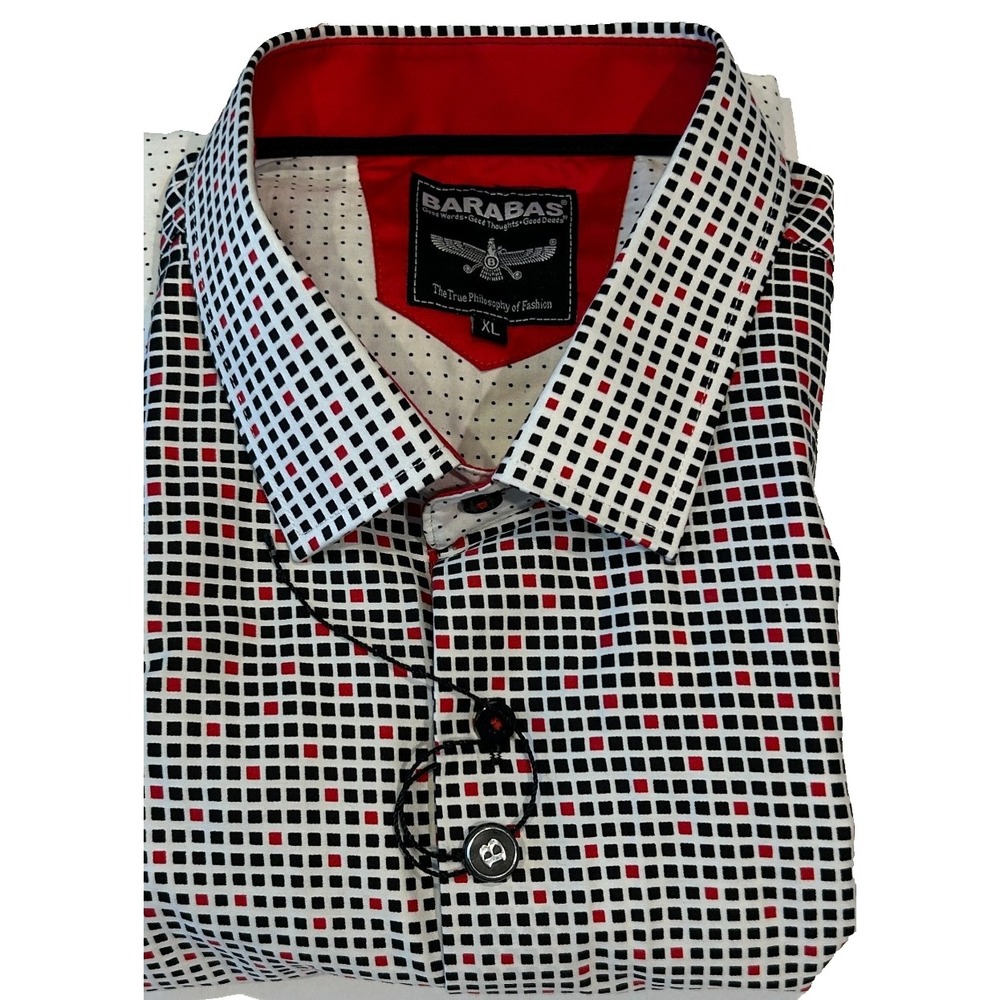 Barabas‎ Men's Designer Geometric Long Sleeve Shirt XL Black Red Flip Cuffs NEW